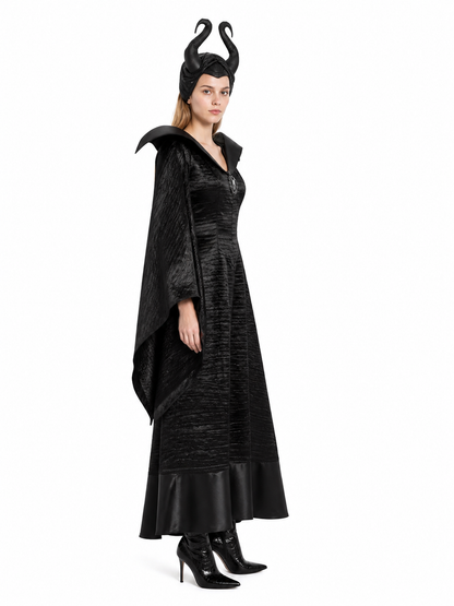 Black Witch Costume with Wide Sleeves and Pointed Shoulders side view