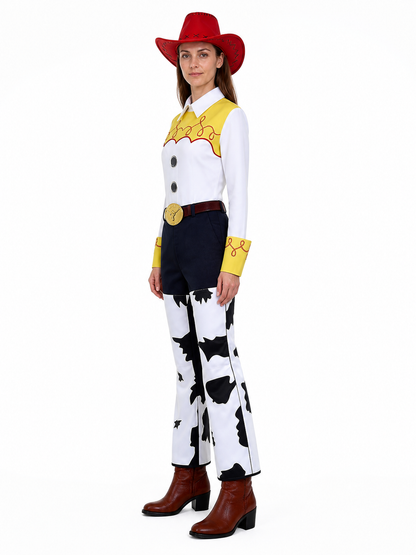 Jessie Costume with Cowboy Hat and Cow Print side view