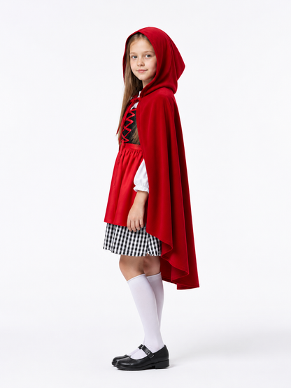 Long Red Cape Cloak with a Pointed Hood side view