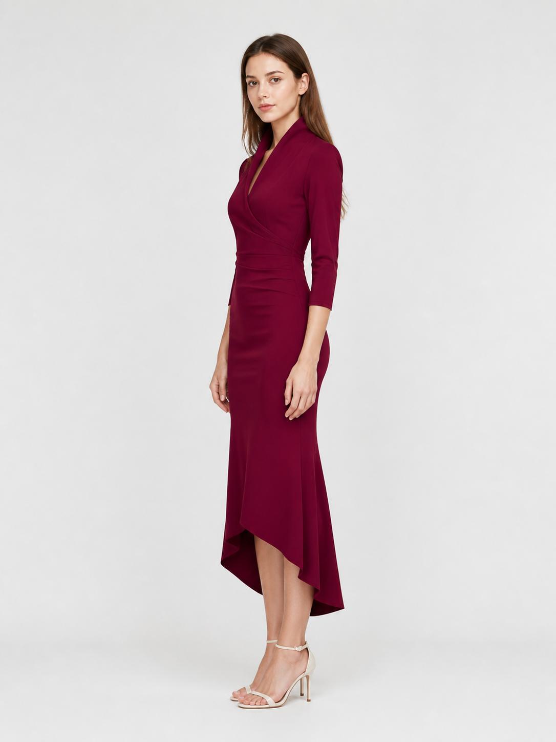 Burgundy Dress with a V-Neck and Asymmetrical Hem side view