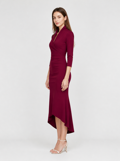 Burgundy Dress with a V-Neck and Asymmetrical Hem side view
