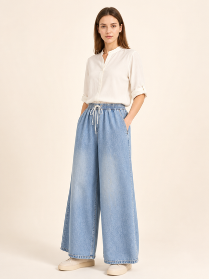 Light Blue Wide-Leg Pants with Drawstring and Pockets