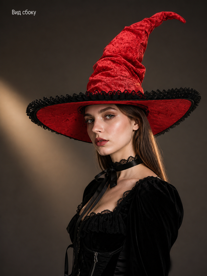 Red and Black Wide Brim Witch Hat, Tall Curved Pointed Top with Black Lace Trim side view 2