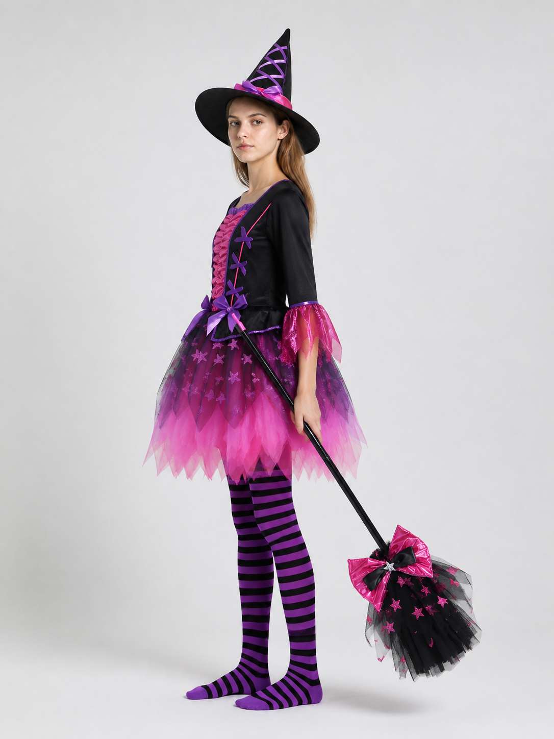 Halloween Witch Costume with Hat and Broom side view