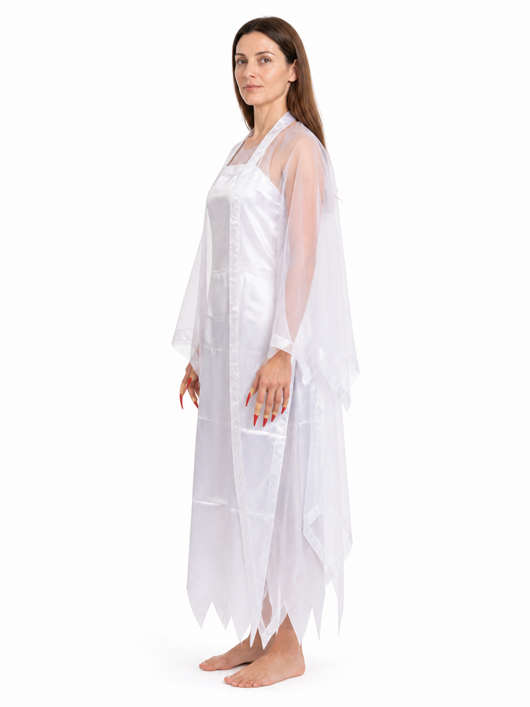 Long White Zombie Costume with Transparent Cape side view