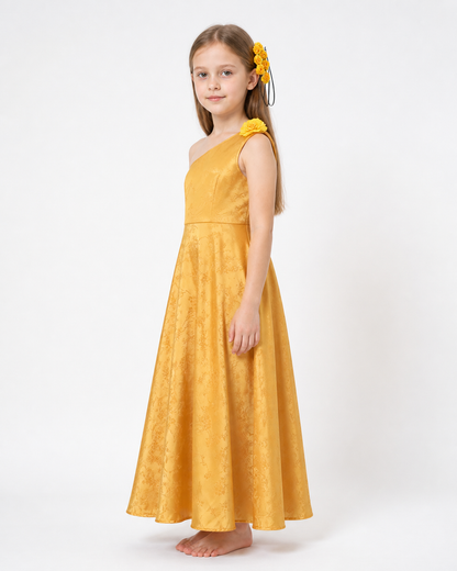 Children’s Gold Performance Dress with Floral Details side view