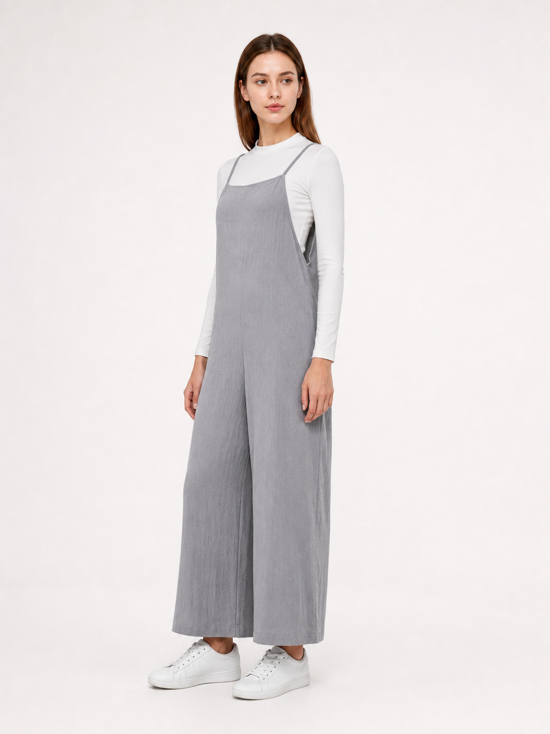 Gray Cotton-Linen Wide-Leg Bib Overalls with Straps