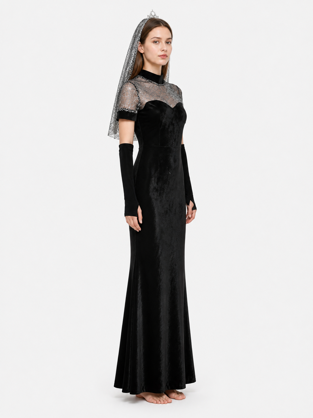 Black Cosplay Dress with Silver Web-Patterned Bodice side view