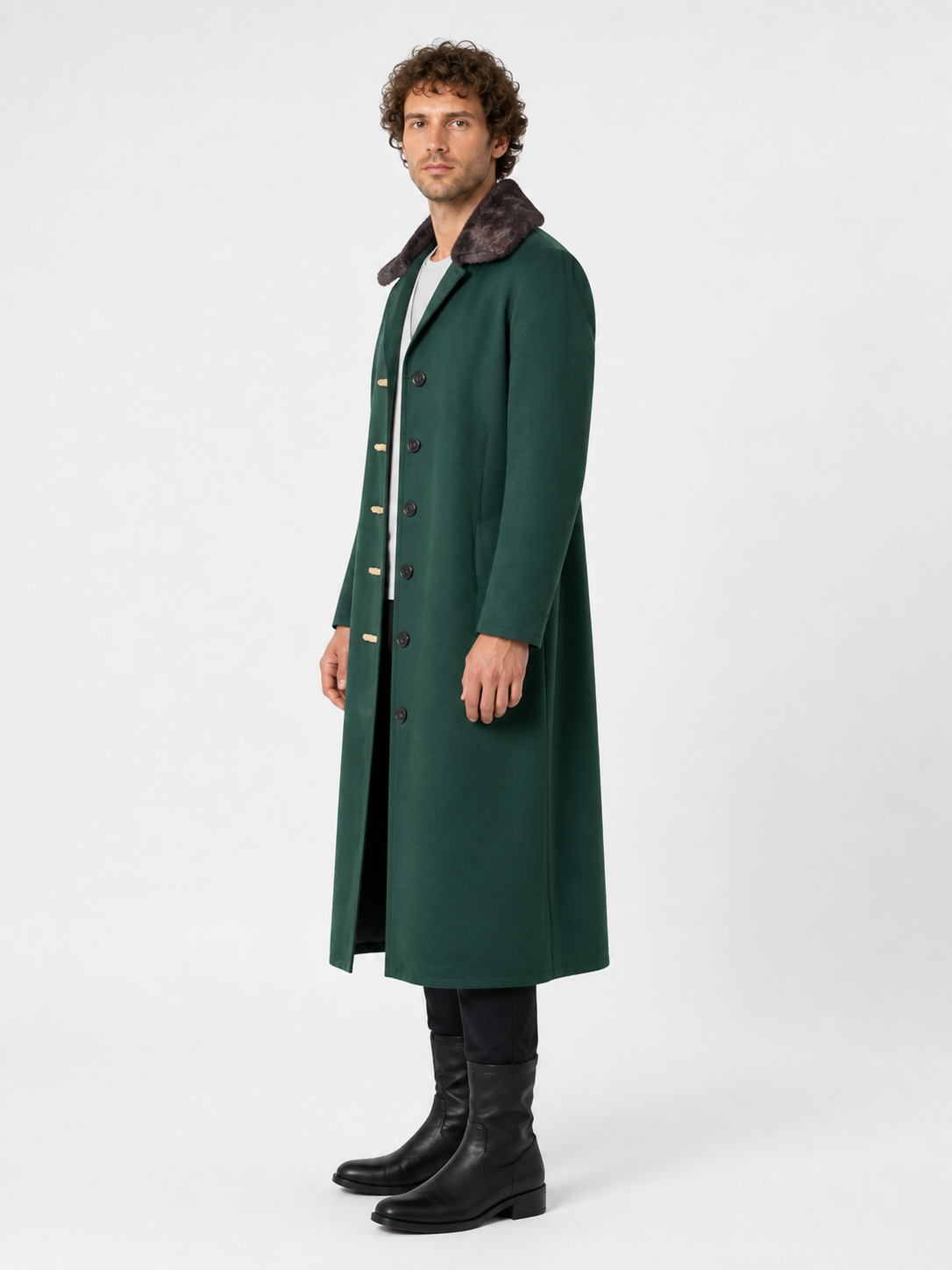 Dark Green Cosplay Coat with Fur Collar side view