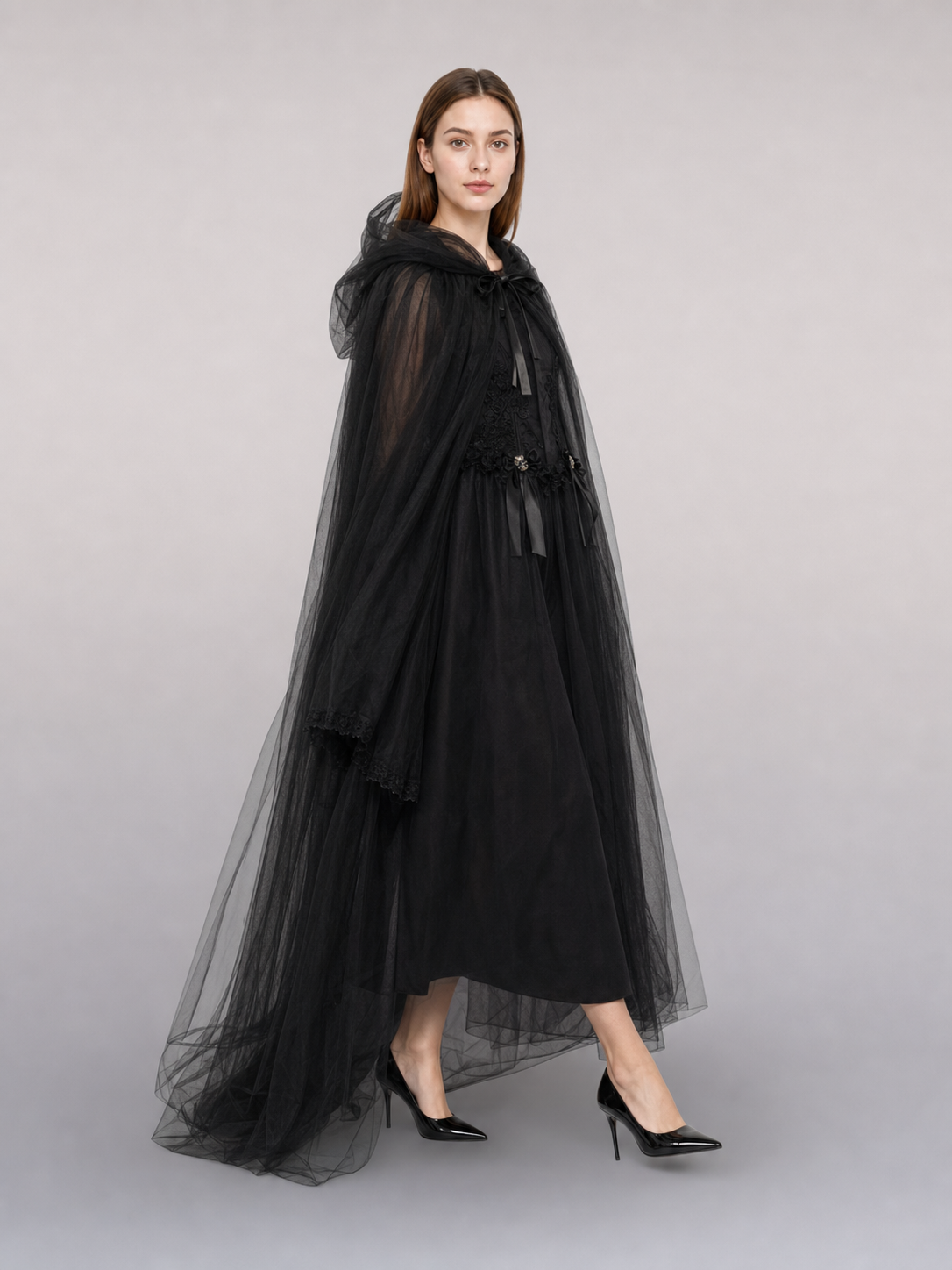 Black hooded carnival cloak for cosplay