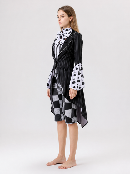 Cosplay costume with tailcoat jacket and plaid shorts side view