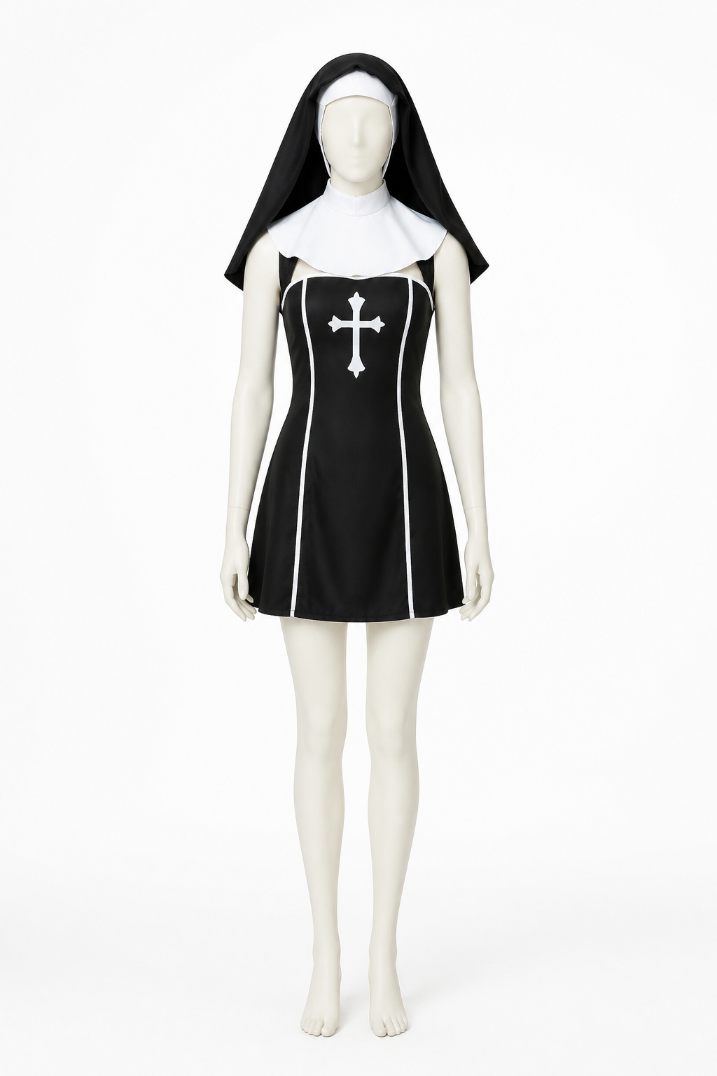 Nun costume with a cross and head covering for Halloween side view