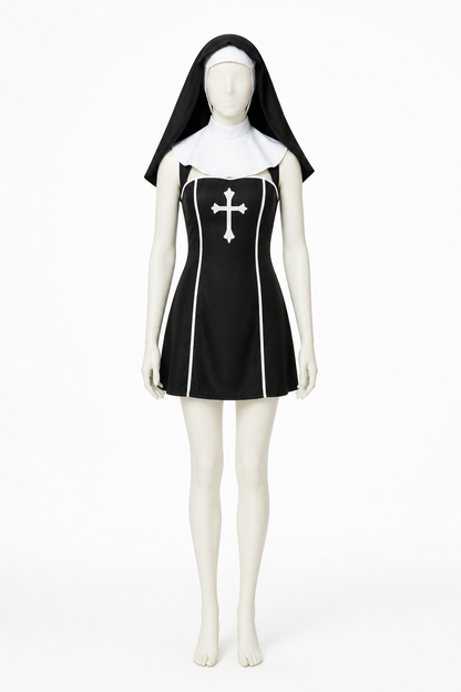 Nun costume with a cross and head covering for Halloween side view
