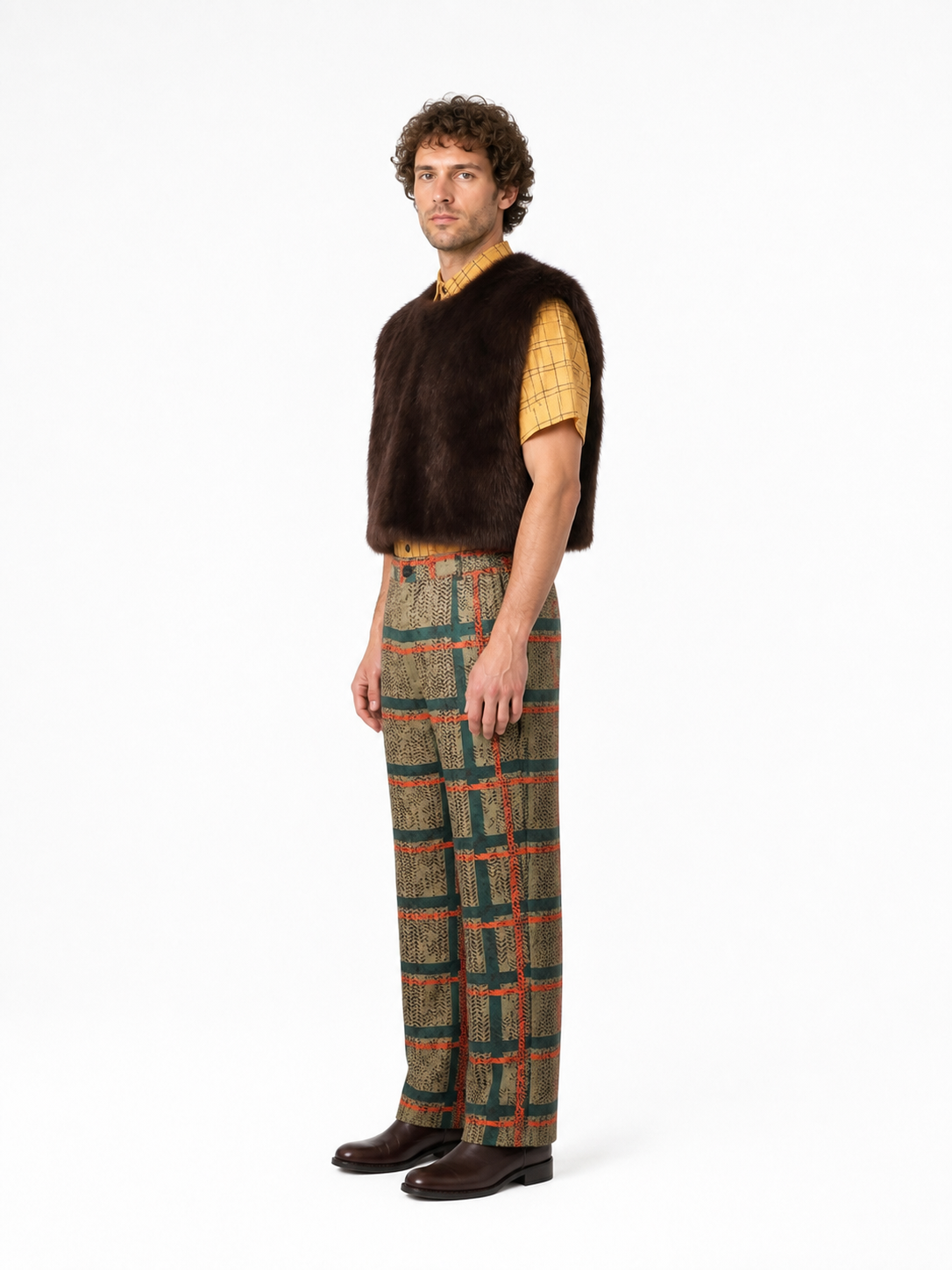 Checkered Cosplay Costume with Furry Vest side view