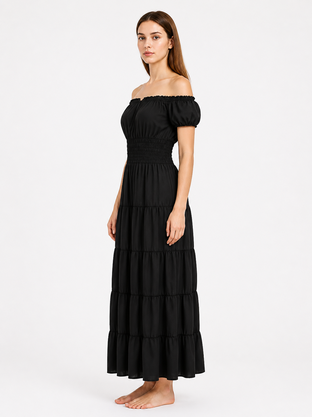 Black Off-the-Shoulder Dress with Tiered Skirt side view