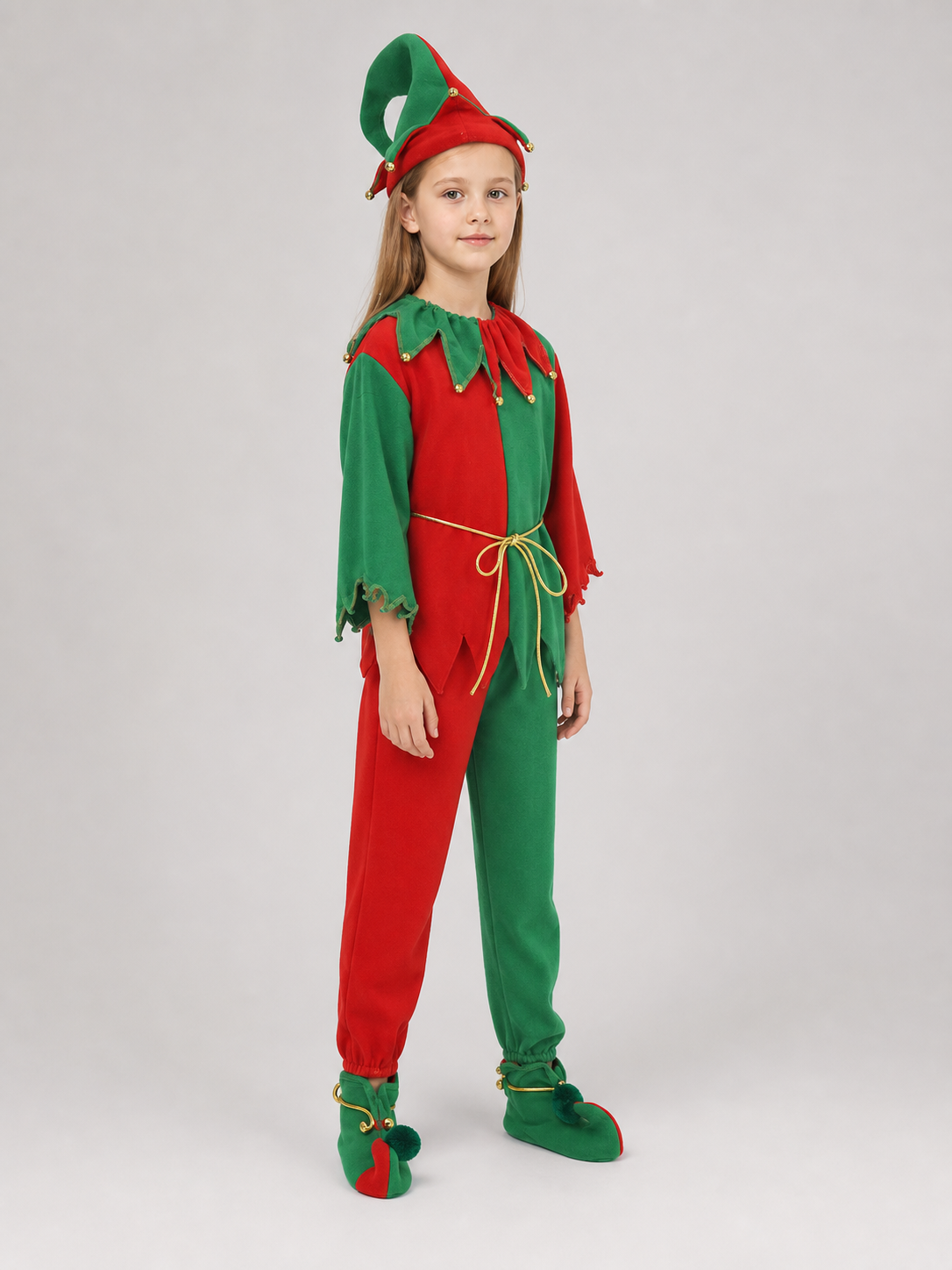 Children’s Christmas elf costume in festive red and green with gold and yellow