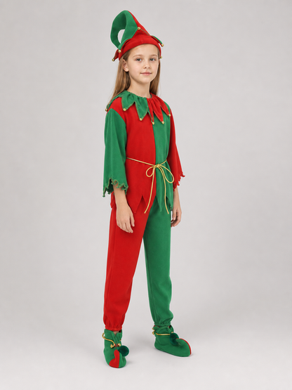 Children’s Christmas elf costume in festive red and green with gold and yellow