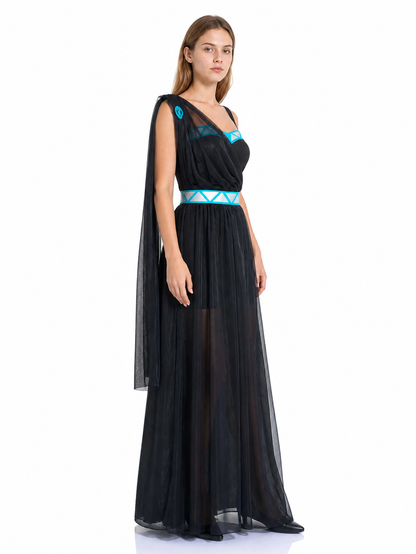 Asymmetrical One-Shoulder Long Black Dress for Cosplay side view