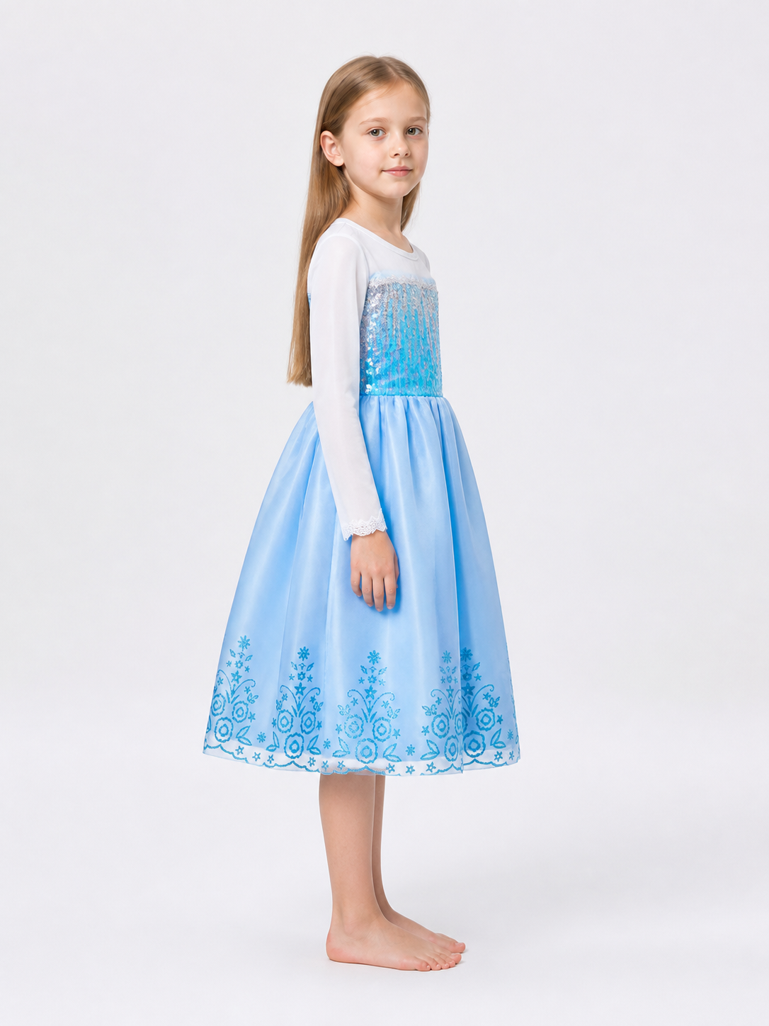 Sequined Carnival Dress with a Full Blue Skirt side view