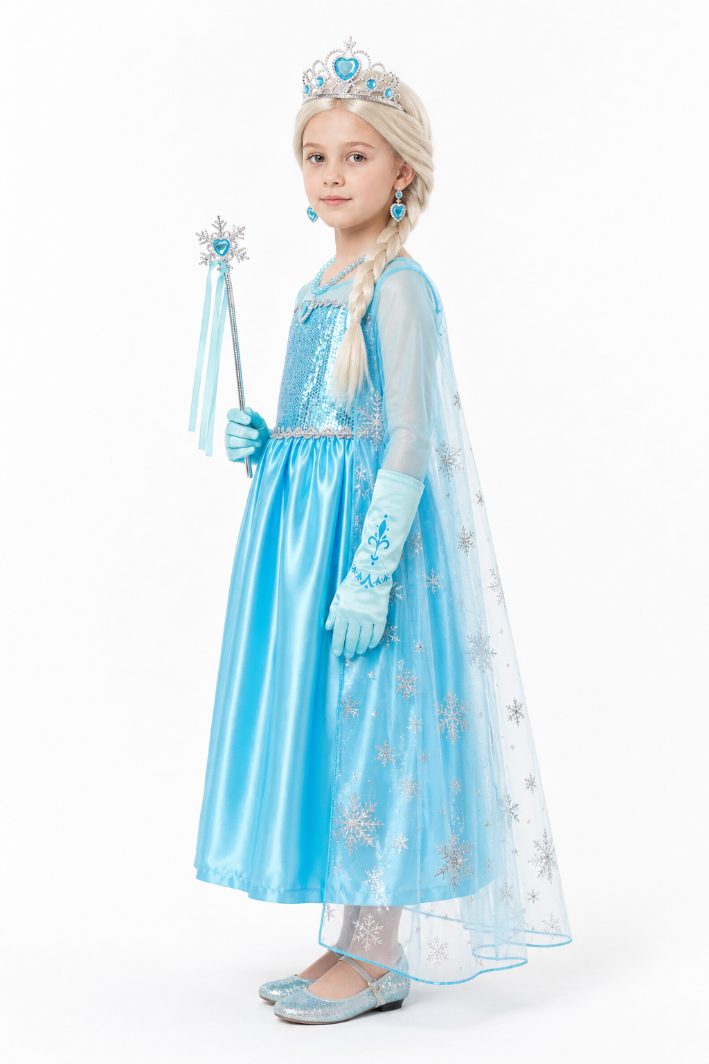 Long Elsa Costume with Sequins and Snowflakes side view