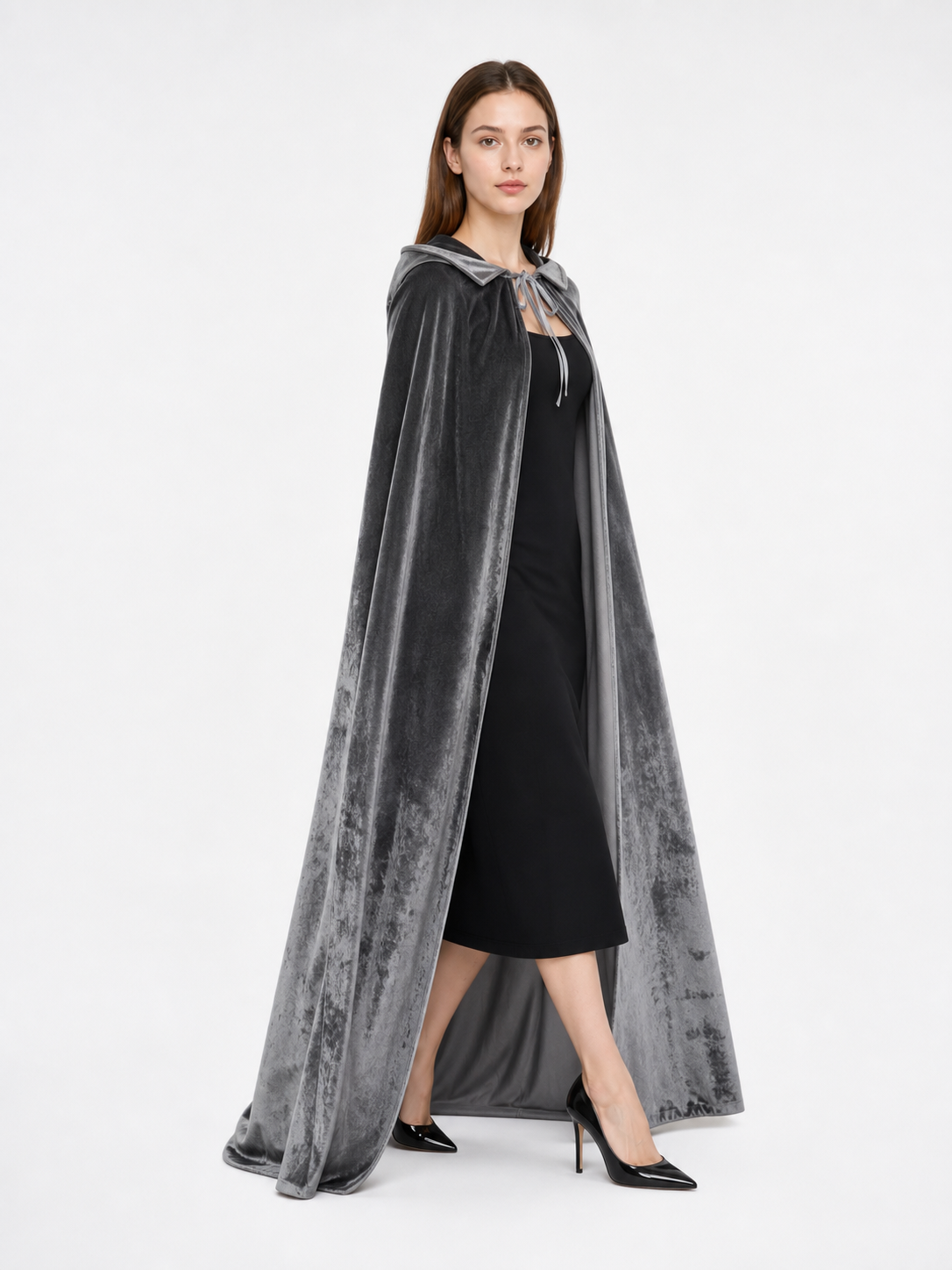 Gray Hooded Long Costume Cape