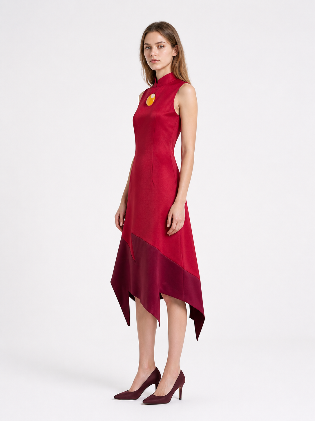 Asymmetrical Sleeveless Dress with a High Collar side view