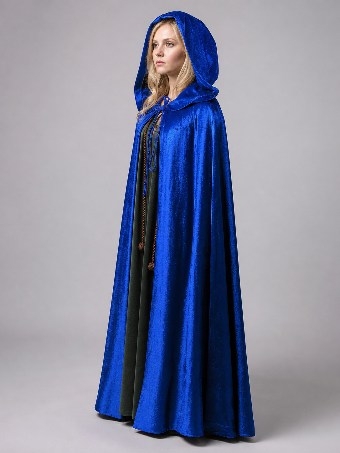 Velvet Hooded Cape, Royal Blue side view