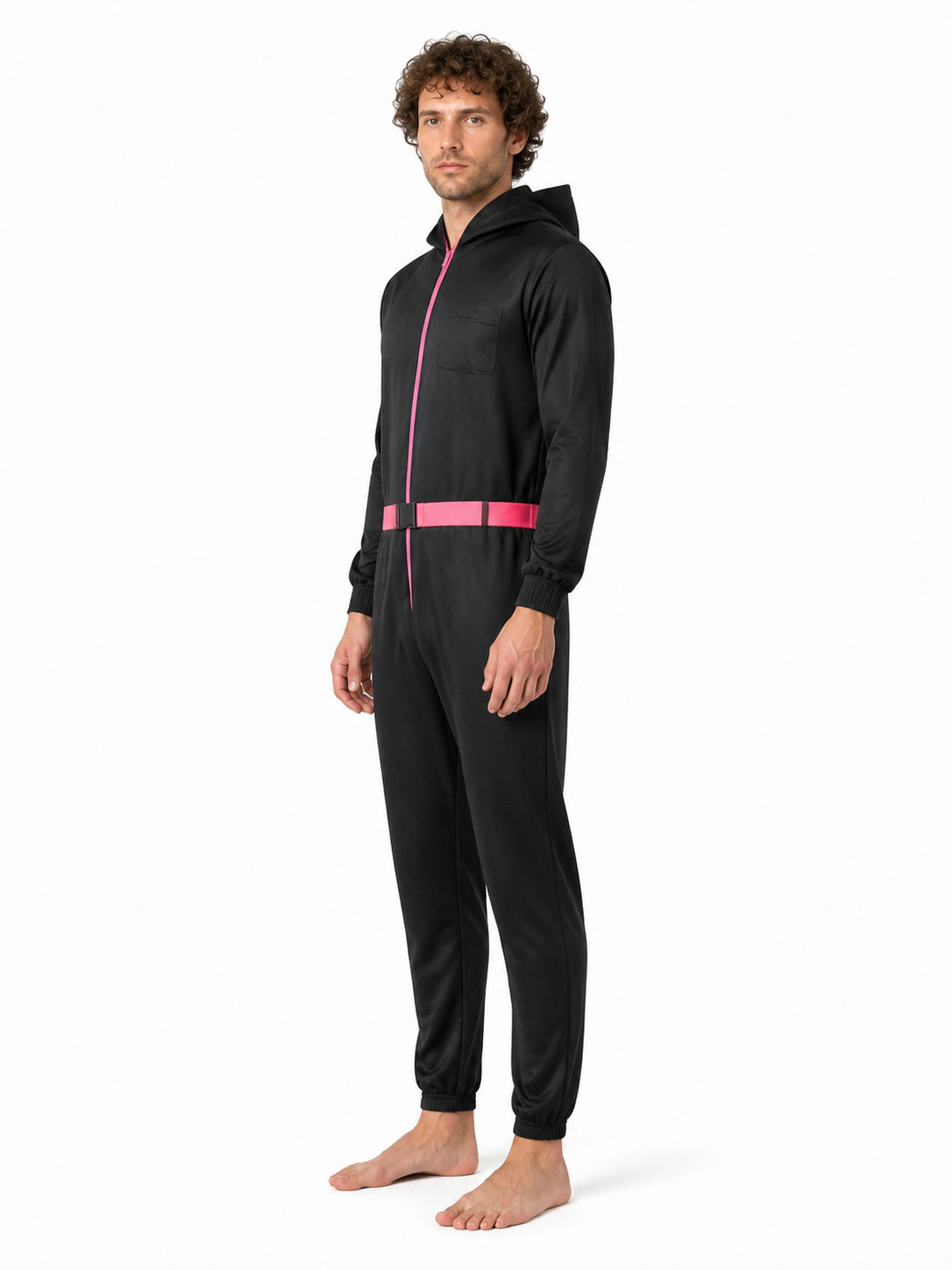 Black Cosplay Jumpsuit with Mask and Hood side view