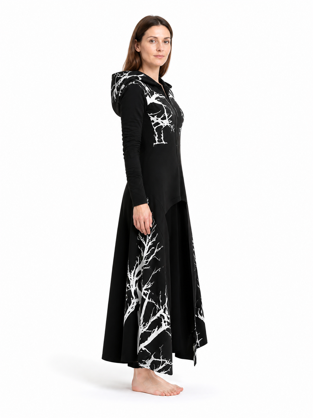 Long Hooded Cloak with White Branch Print side view