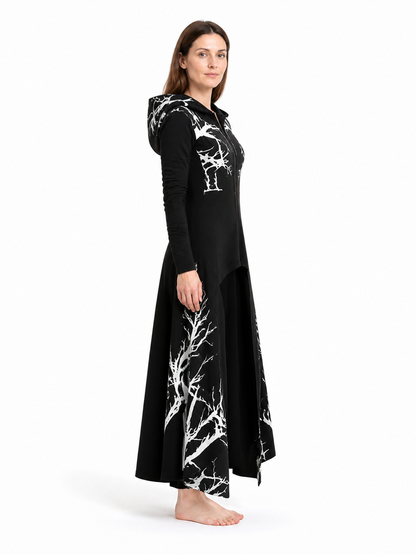 Long Hooded Cloak with White Branch Print side view