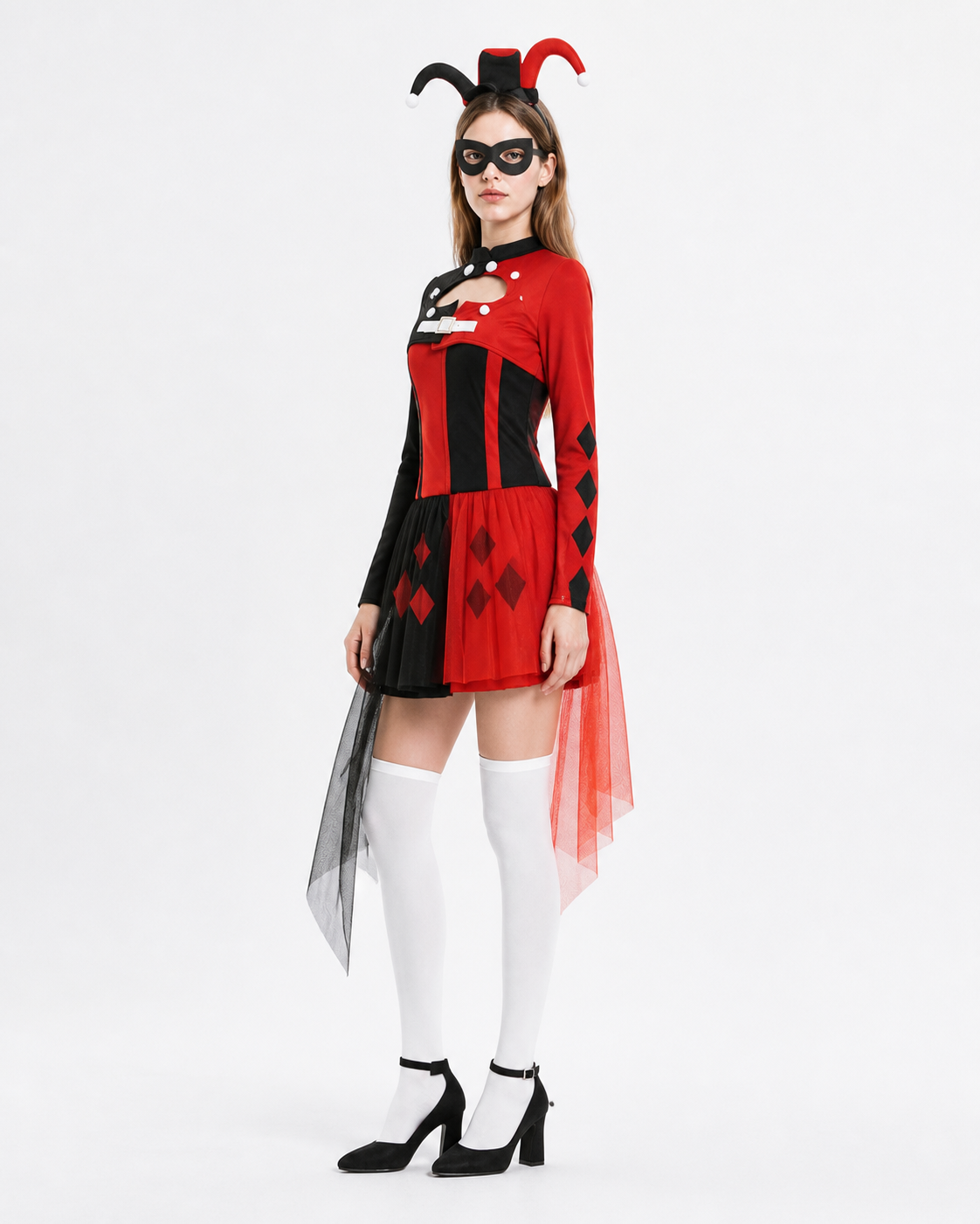 Black and Red Circus Clown Costume with Long Sleeves side view