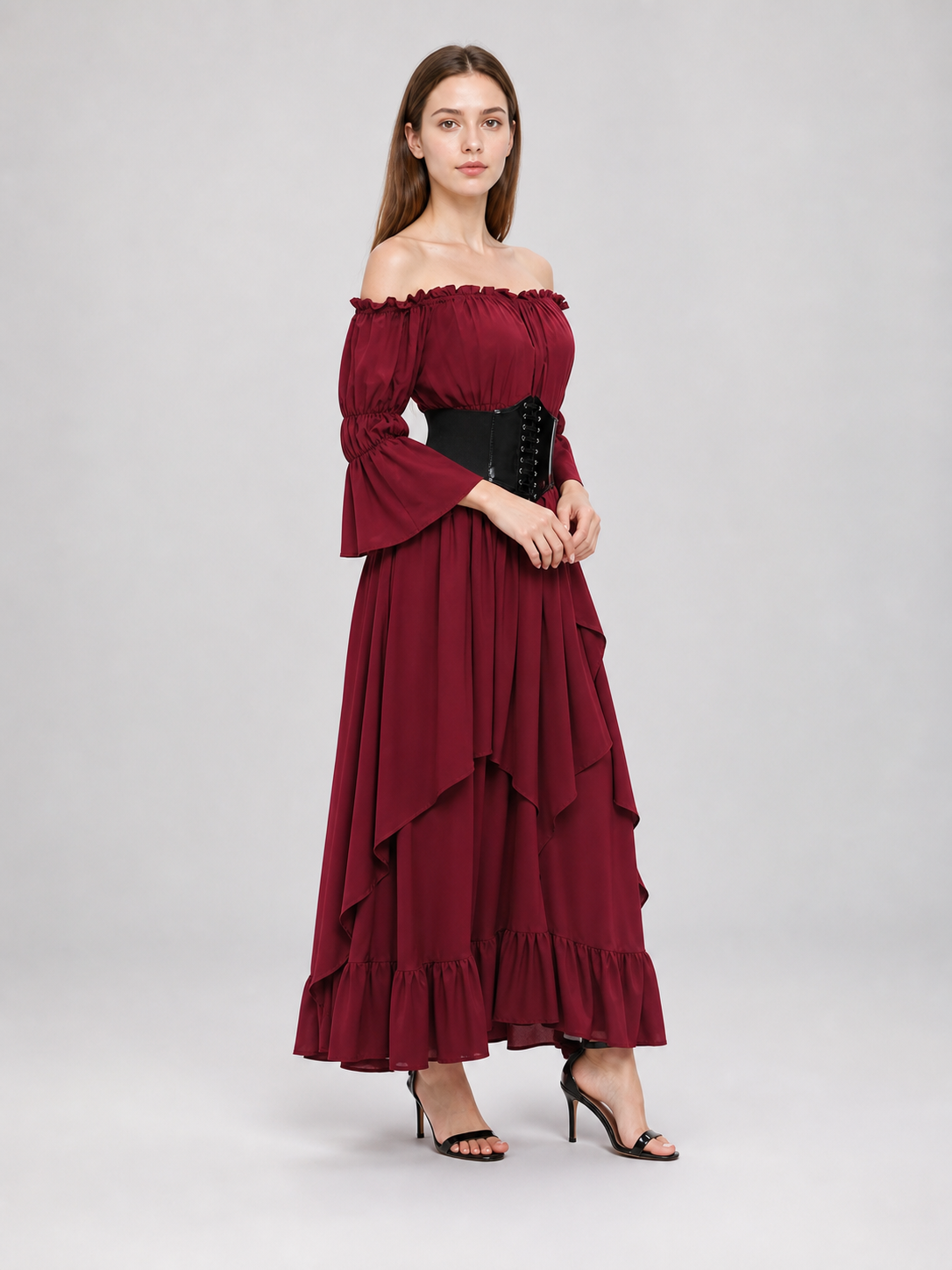 Burgundy Maxi Dress with Ruffles and Lace-Up Detail