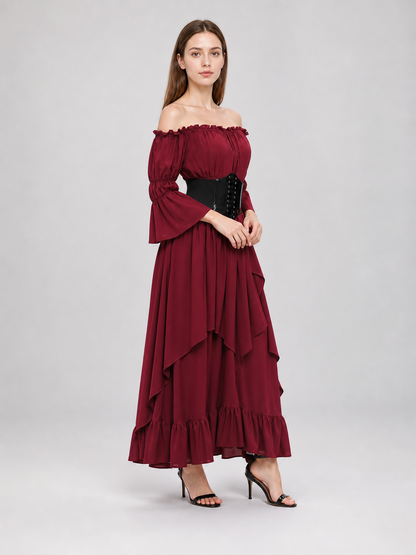 Burgundy Maxi Dress with Ruffles and Lace-Up Detail