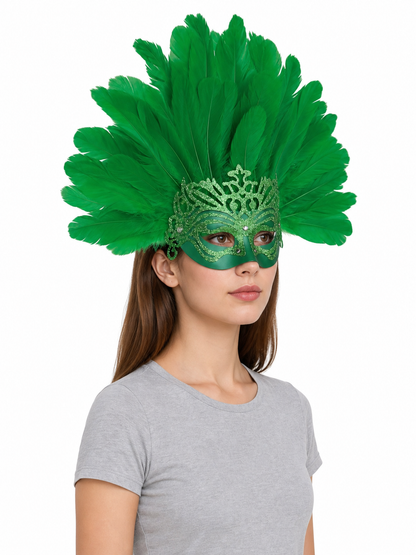 Feathered Headpiece with Mask for Masquerade