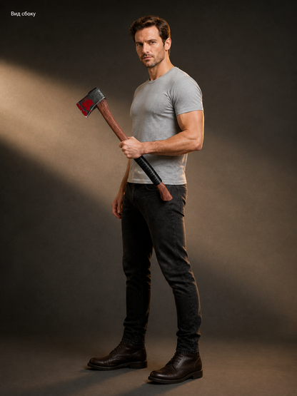 Side-view model holding the axe across his body, with a wood-look shaft, black grip, and gray metal head with red markings