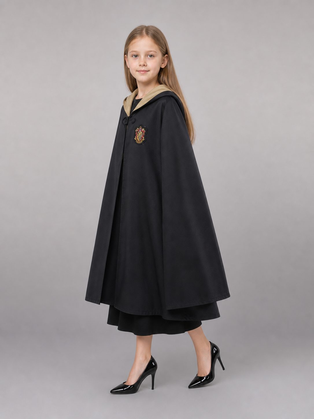 Black costume cloak with hood and accessories
