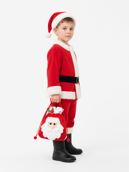 Red Santa Claus Costume with Hat and Bag side view