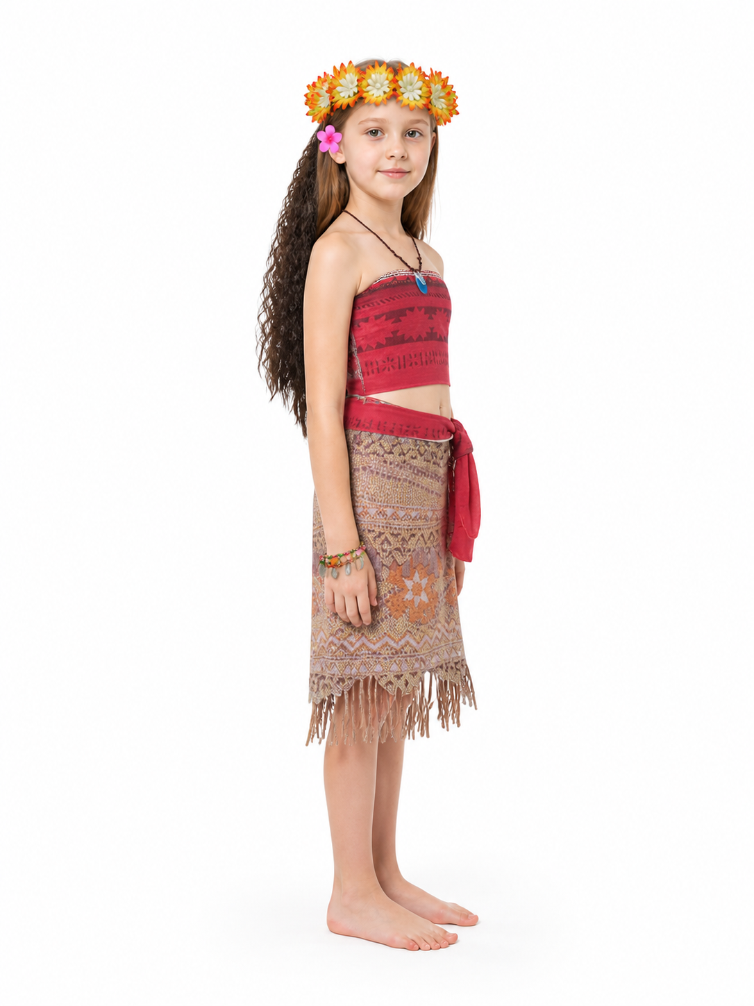 Moana Costume with Fringe and Flower Crown side view