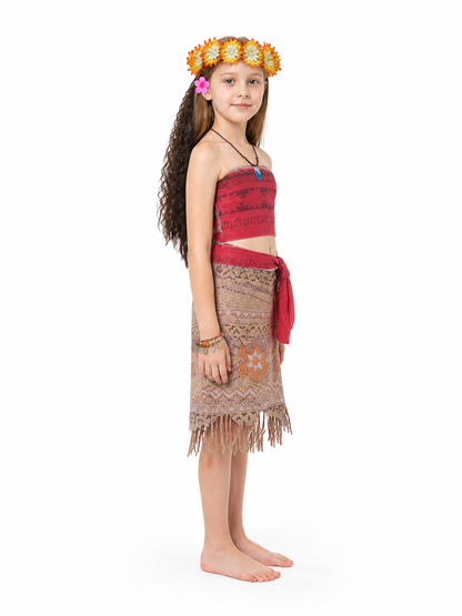 Moana Costume with Fringe and Flower Crown side view