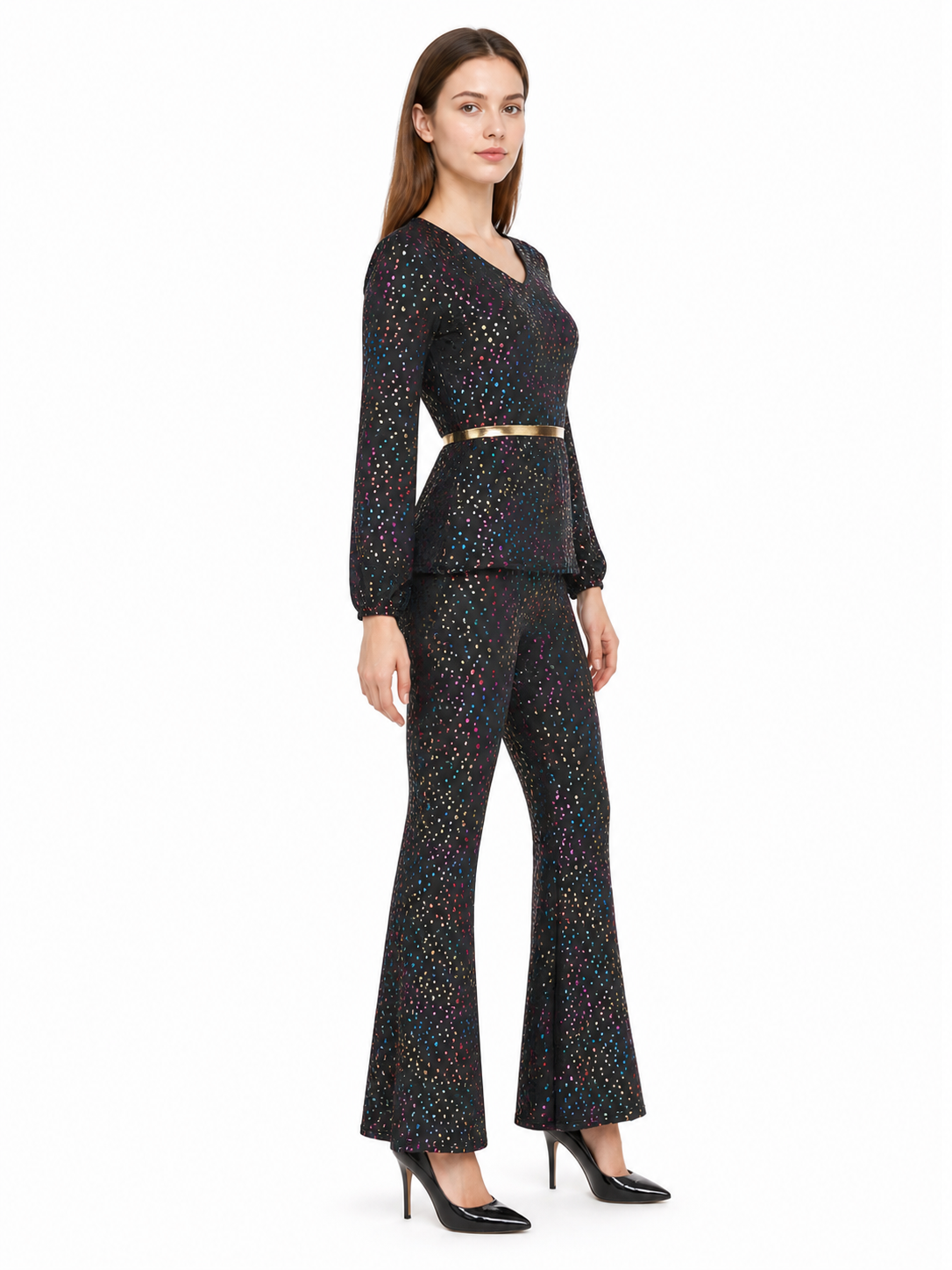 Sequined Jumpsuit with Flared Legs and a V-Neck