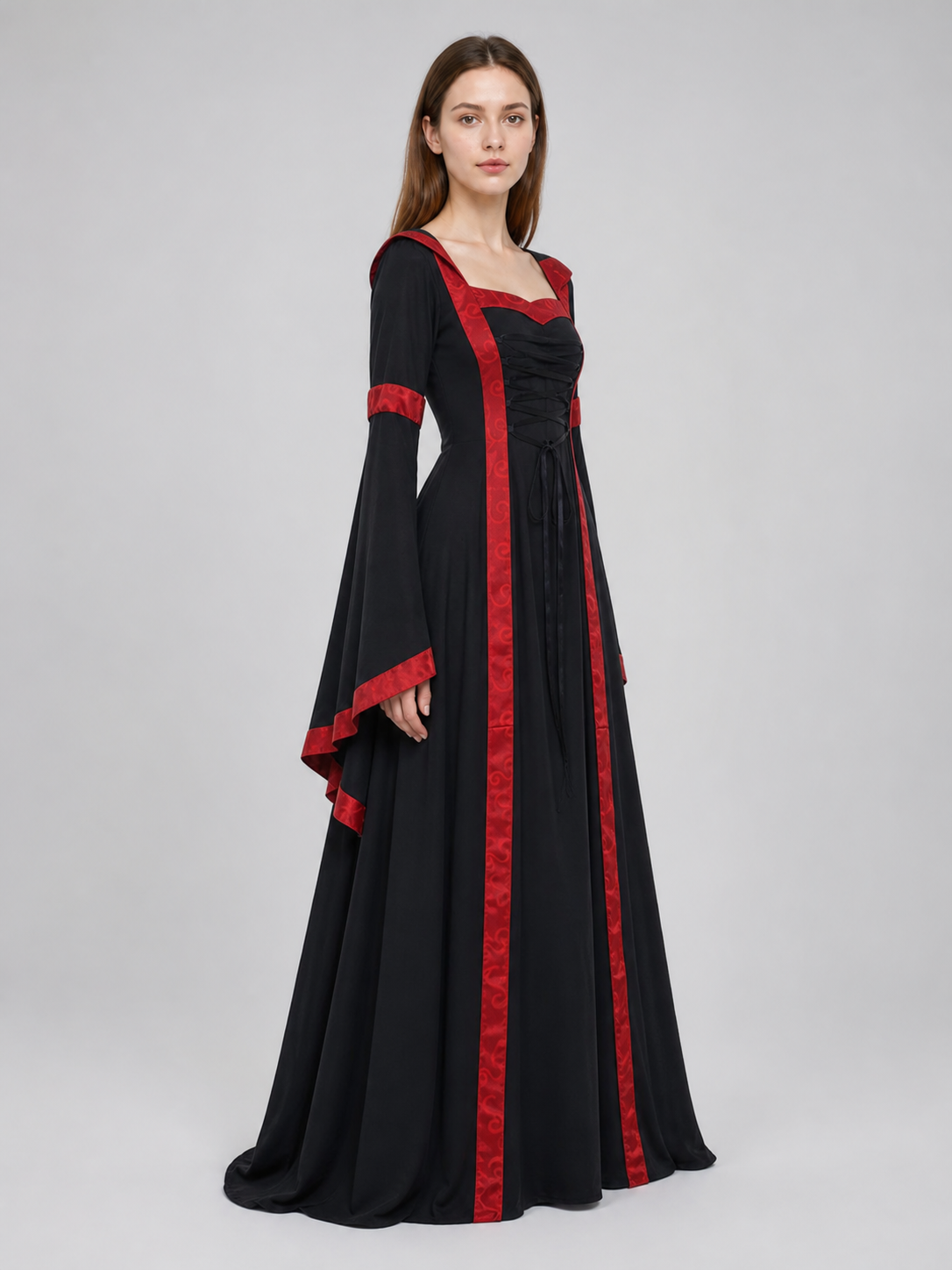 Gothic Vintage Hooded Dress with Lace-Up Detail