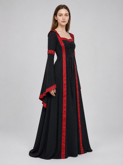 Gothic Vintage Hooded Dress with Lace-Up Detail