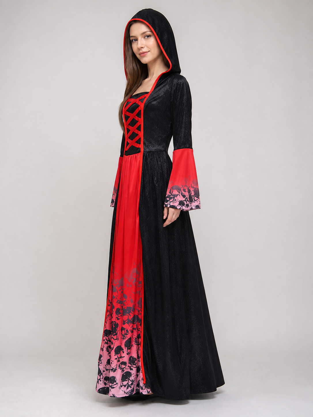 Gothic Hooded Dress, Black and Red Print