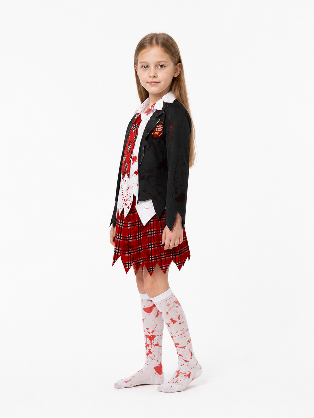 Zombie Costume with Tie, Skirt, and Torn Edges side view