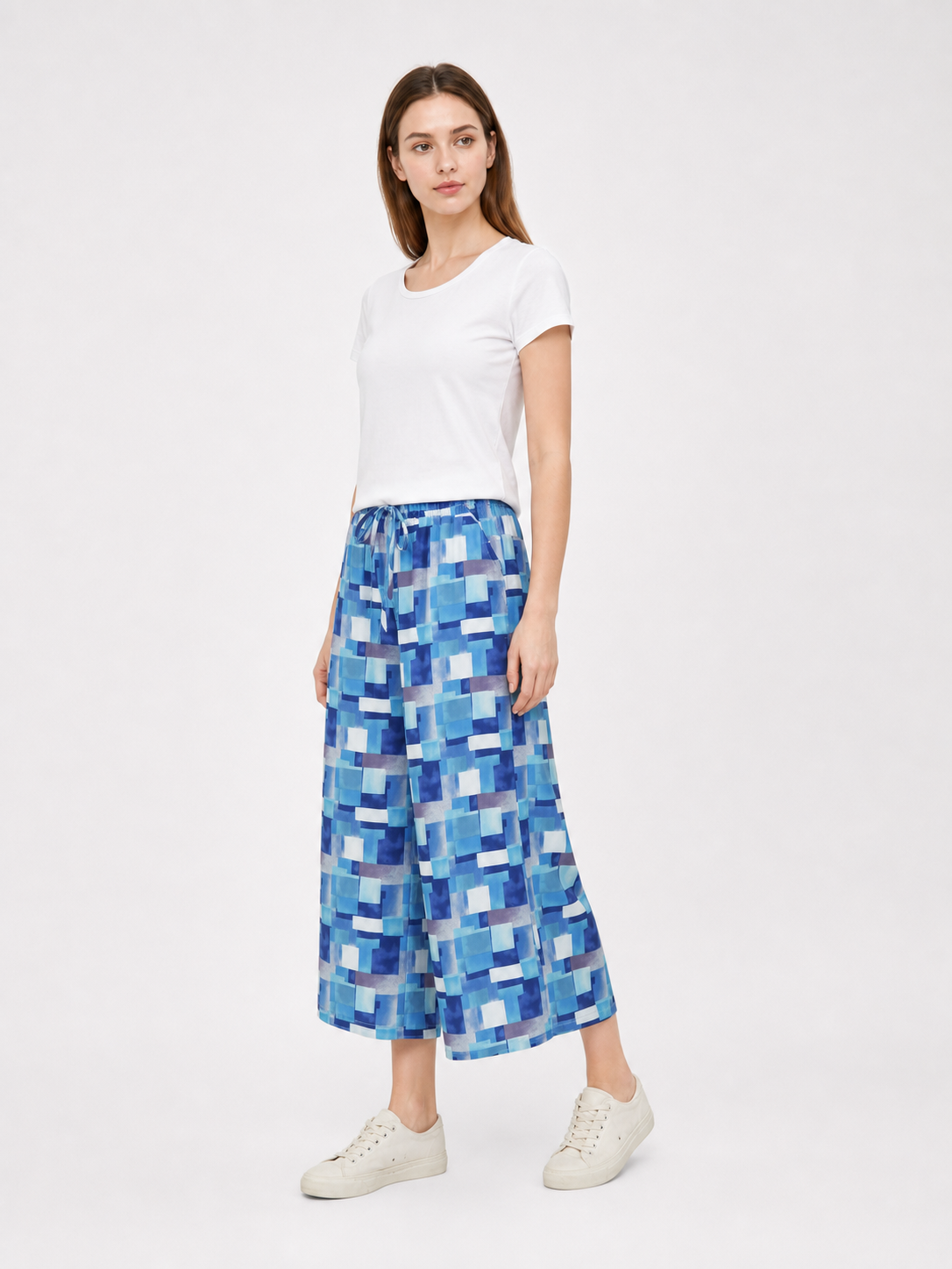 Blue and White Palazzo Pants with Geometric Print side view 2