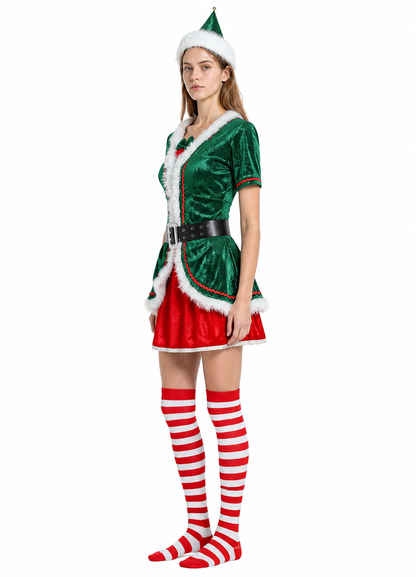 New Year's elf costume with a pointed hat and knee-high socks side view