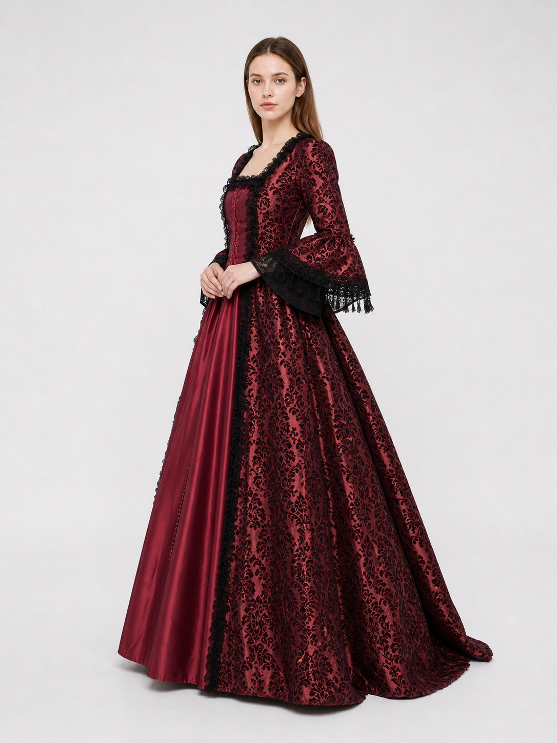 Renaissance-Style Dress with Lace and Long Sleeves side view 2