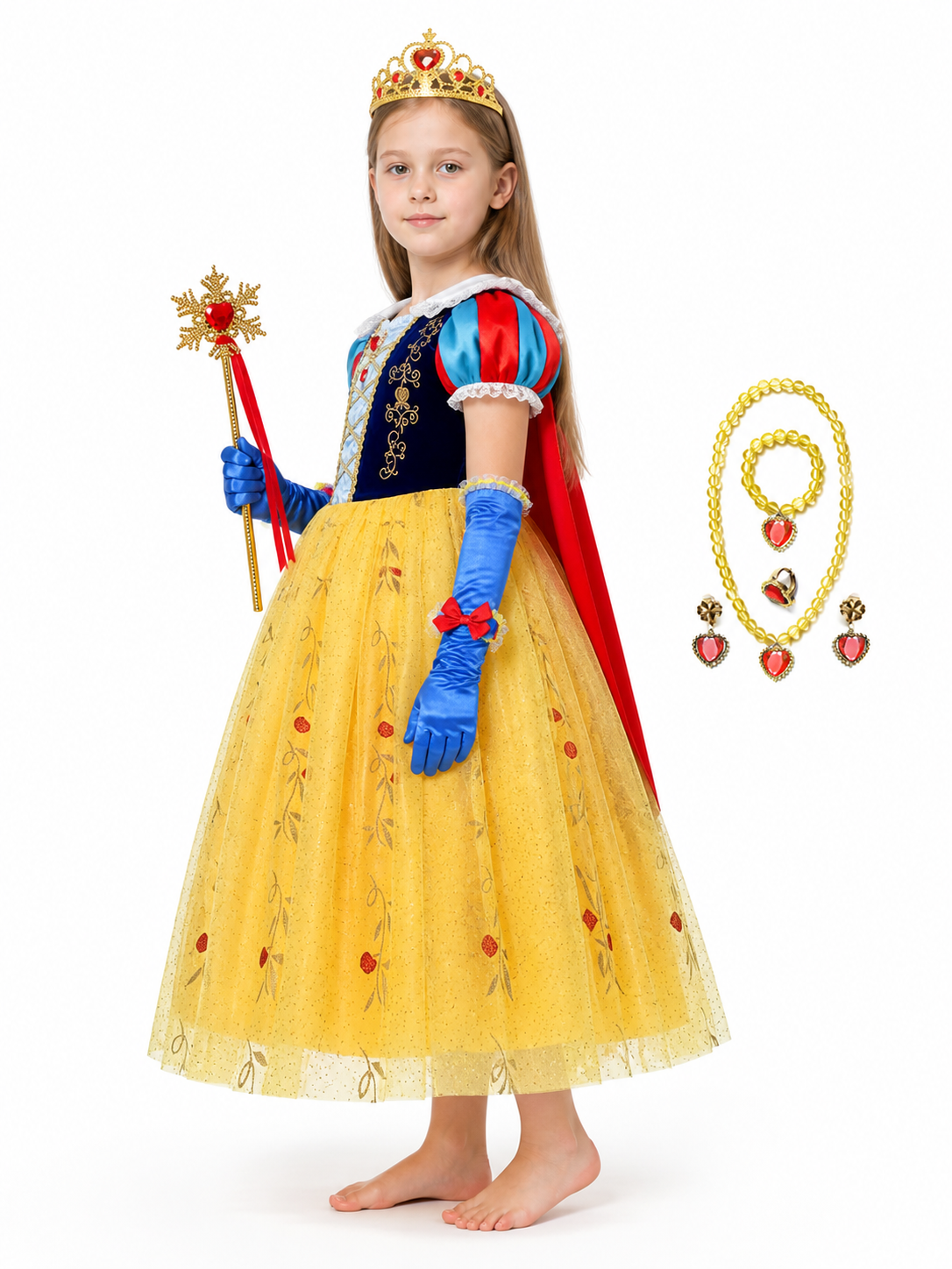 Snow White Costume with a Full Skirt and Red Cape side view