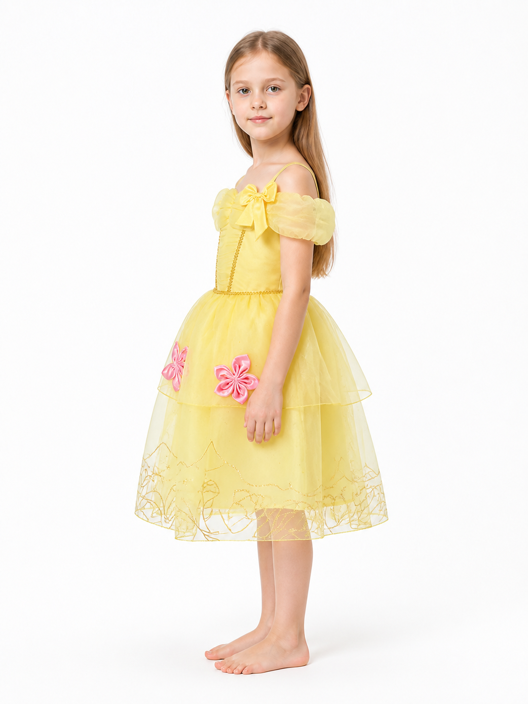 Light Yellow Carnival Dress with a Bow and Flowers side view