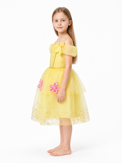 Light Yellow Carnival Dress with a Bow and Flowers side view